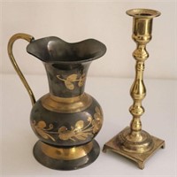 Etched Brass Pitcher and Candles Holder