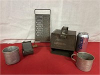 Vintage Kitchen Tools - Grater, Measuring cups, bo