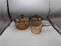 Vintage Corning (3)pc Amber Glass Saucepan Set