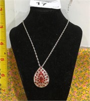 Silver Metal Chain Pendant w/ Red Stones