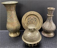 4 ETCHED BRASS PIECES 2 SMALL VASES BELL SMALL TRA