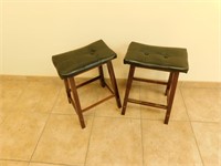 2 Wooden Stools Leather Seats - 24' Tall
