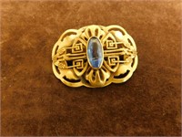 Antique Victorian Brass Blue Stone Brooch