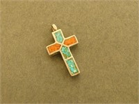 Vintage Navajo Silver Turquoise Coral Cross