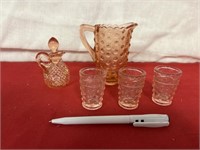 Miniature Pink hobnail glass pitcher & glasses & c