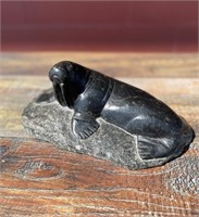 Black stone carved walrus 11" long x 7" wide 4.5"