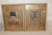 2 Painted Portraits on silk Chinese 20" x 15.5"