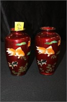 A Pair of Red Enamel Vases 7" Tall