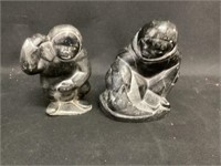 2 Inuit Hand Carved from Stone Fisherman