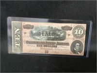 1864 $10 Confederate Note,AU Condition
