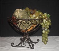 Metal basket with ceramic fruit and plastic grapes