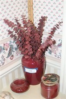 Burgandy Vase With Flowers & 2 Candles