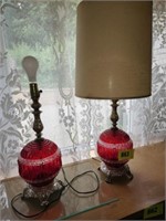 PAIR RED GLASS, METAL BASE TABLE LAMPS