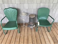 2 Metal Chairs, outdoor heater, table