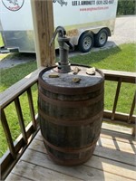 Whiskey Barrel with water well pump