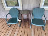 2 Metal Chairs with wood table with a glass top