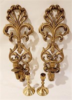 2 Gold Tone Wall Candle Holders & 2 Brass Sticks