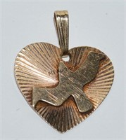 Vintage 14K Heart Necklace Pendant With Bird