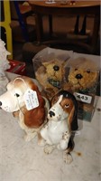 2 NIB bears, 2 ceramic dog statues