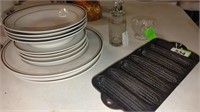 set of dishes, cast iron corn bread pan, etc