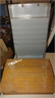 metal paper organizer, wooden travel desk