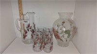 Rose pitcher, glasses and vase