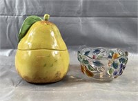 7" Pear Jar & 5" Glass Bowl w Fruit Pattern