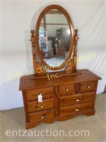 Wooden Dresser w/ White Handles and Mirror