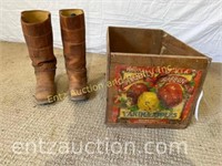 Red Ribbon Apple Crate and Size 7M Leather Boots