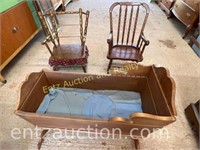 Vintage Wooden Bassinet and Wooden Chairs