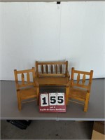 Doll Size, Wood Bench and 2 Chairs