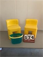 2 Little Tikes Chairs and a Plastic Basket