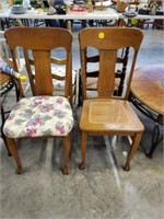 TWO OAK CHAIRS- ONE RATTAN BOTTOM - ONE CUSHIONED