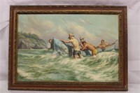 Oil on canvas 31' x 42.5" Five Men & Boat