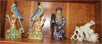 4pc Asian Ceramic Lot; parrots, mud figure, Andrea
