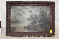 Oil on canvas ca 19th century  two men and a boat