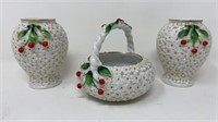 1960s Japan Cherry Motif Ceramic Basket & Vases