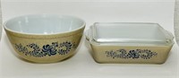 2 Pyrex Homestead Bowls, 403 Mixing bowl, and 503