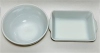 2 Pyrex Homestead Bowls, 403 Mixing bowl, and 503