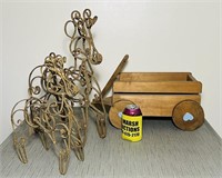 2 Metal Wire Deer, Wooden Wagon