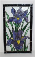 custom stained glass panel of purple iris