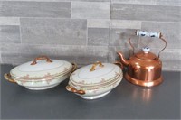 ANTIQUE VEG. BOWLS & COPPER KETTLE