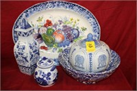5pc Blue/White Porcelain Set; platter,ginger