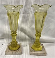 Pr. Sandwich Canary Vases on Marble Bases 11 1/2"H