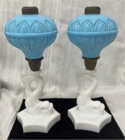 Pr. Blue & White Dolphin Kerosene Lamps 11 1/2"H