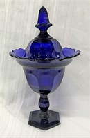 Large Cobalt Flint Glass Covered Compote 14 1/2"H