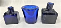 (3) Early Cobalt Inkwells Tallest 2 1/2"H