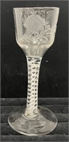 18thC Air Twist Stem Wine Glass Engraved 5 3/4"H