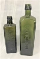 (2) Green Liqour Bottles tallest 9 3/4"