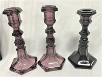 (3) Amethyst Candlesticks, one repaired
